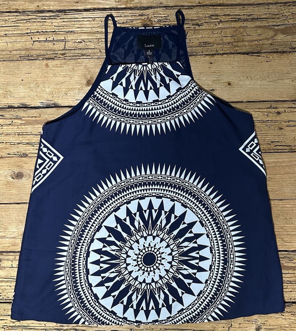 LUMIÈRE Blue/ White Aztec Print Sleeveless Blouse Women’s Size S NWT